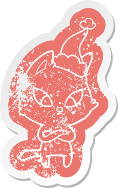 Kafası karışık çizgi film. Bir insan tarafından çizilmiş Noel Baba şapkası takan kedinin sıkıntılı çıkartması.