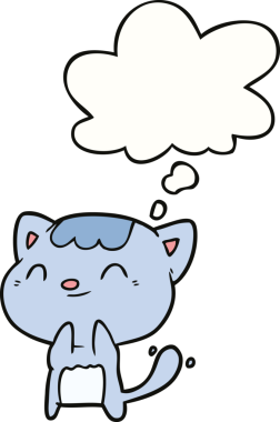 Bir insan tarafından çizilmiş düşünce balonlu mutlu kedi çizgi filmi.