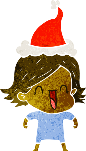 Bir insan tarafından çizilmiş Noel Baba şapkası giyen mutlu bir kadının el çizimi karikatürü.