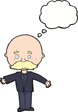 Bir insan tarafından çizilmiş düşünce baloncuklu bıyıklı çizgi film adamı.
