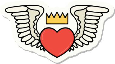 Bir insan tarafından çizilmiş kanatlı bir kalbin geleneksel stiliyle dövme çıkartması.