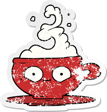 Bir insan tarafından çizilmiş sıcak bir fincan kahvenin sıkıntılı çıkartması.