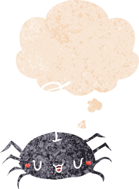 Homurdanan düşünce baloncuklu çizgi film örümceği bir insan tarafından çizilmiş dertli retro dokuma tarzı