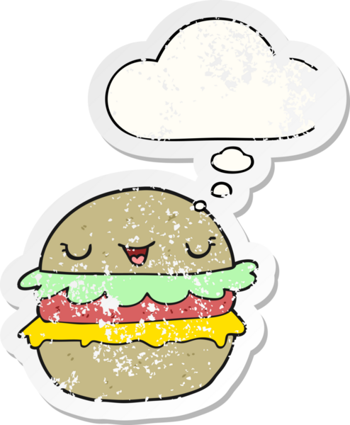 Düşünce baloncuklu çizgi film burgeri insan tarafından çizilmiş yıpranmış bir çıkartma gibi.