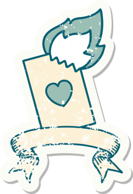 Bir insan tarafından çizilmiş alevli bir kartın pankartı olan eski bir etiket.