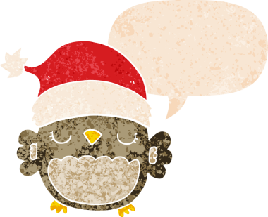 Bir insan tarafından çizilmiş grunge sıkıntılı retro stili konuşma baloncuğu ile sevimli noel baykuşu