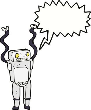 Bir insan tarafından çizilmiş konuşma balonlu komik robot.