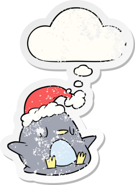 Düşünce baloncuğu olan sevimli penguen dertli bir çıkartma gibi bir insan tarafından çizilmiş.