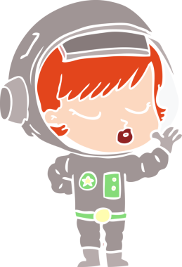 Düz renkli çizgi film. Bir insan tarafından çizilmiş güzel astronot kız.