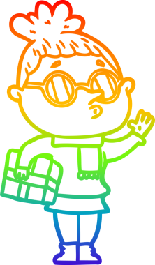 Gökkuşağı gradyan çizgi çizimi bir insan tarafından çizilmiş gözlük takan bir kadın.