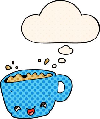 Bir insan tarafından çizilmiş, düşünce baloncuklu çizgi roman tarzı bir kahve.