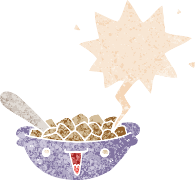 Tatlı bir mısır gevreği kasesi, konuşma baloncuğu, grunge 'da sıkıntılı retro desenli bir insan çizimi.