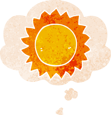 Düşünce baloncuklu karikatür güneşi bir insan tarafından çizilmiş sıkıntılı retro stil