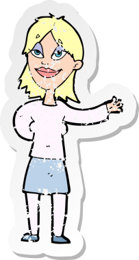 Bir insan tarafından çizilmiş bir şeyi göstermek için el kol hareketi yapan karikatürlü bir kadının gerilmiş çıkartması.