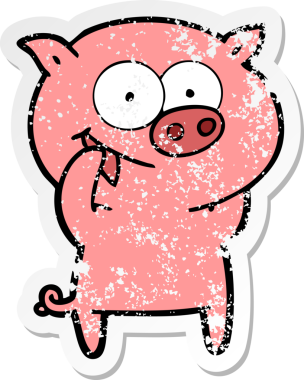 Bir insan tarafından çizilmiş neşeli bir domuz çizgi filminin hüzünlü çıkartması.