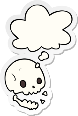 İnsan tarafından çizilmiş bir çıkartma olarak düşünce baloncuğu olan karikatürümsü kafatası.