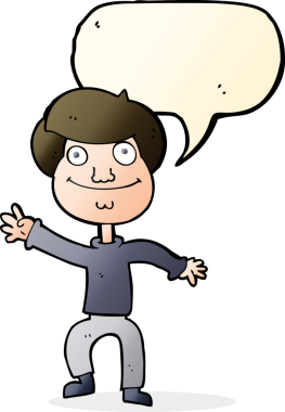 Bir insan tarafından çizilmiş konuşma baloncuğuyla el sallayan mutlu bir adam.