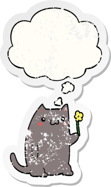 Düşünce baloncuğu olan sevimli çizgi film kedisi bir insan tarafından çizilmiş yıpranmış bir çıkartma gibi.