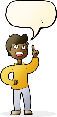 Bir insan tarafından çizilen konuşma baloncuğuyla harika bir fikri olan çizgi film çocuğu.