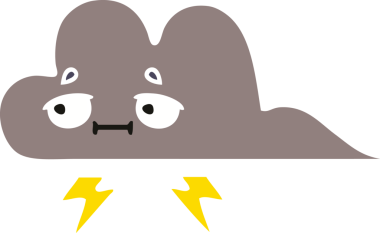 Bir insan tarafından çizilmiş bir fırtına bulutunun düz renkli retro karikatürü