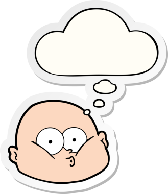 Düşünce baloncuğu insan tarafından çizilmiş bir çıkartma olan meraklı kel bir adam.