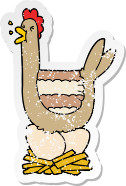 Bir insan tarafından çizilmiş yuvada oturan çizgi film tavuğunun sıkıntılı çıkartması.