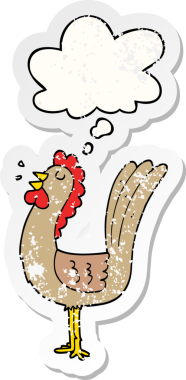 Düşünce baloncuğu olan çizgi film horozu insan tarafından çizilmiş yıpranmış bir çıkartma.