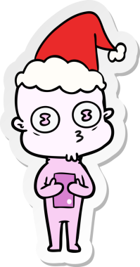 Bir insan tarafından çizilmiş Noel Baba şapkası giyen kel bir uzaylının el yazısı.