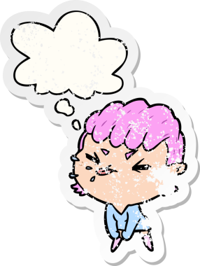 Düşünce baloncuğu olan kaba bir kız, bir insan tarafından çizilmiş yıpranmış bir çıkartma.
