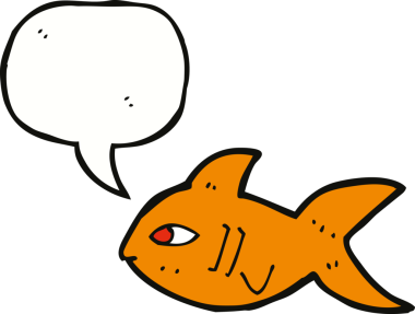 Bir insan tarafından çizilmiş konuşma balonlu çizgi film balığı.