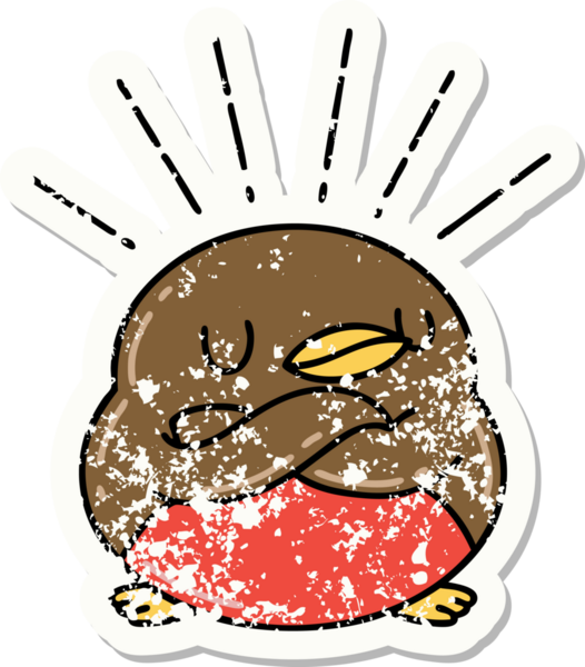 Bir insan tarafından çizilmiş katlanmış kanatları olan eski bir dövme stili Robin çıkartması.