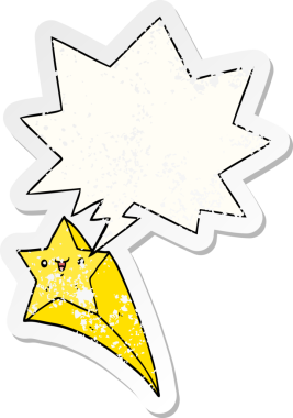 Konuşma baloncuğu ile kayan çizgi film yıldızı bir insan tarafından çizilmiş sıkıntılı eski bir çıkartma