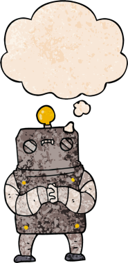 Bir insan tarafından çizilmiş grunge desenli düşünce baloncuğu olan çizgi film robotu.