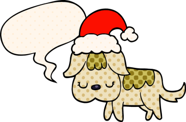 Bir insan tarafından çizilmiş çizgi roman tarzında konuşma balonu olan şirin bir Noel köpeği.