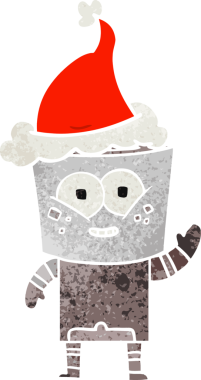 Mutlu el çizimi robot el sallaması bir insan tarafından çizilmiş Noel Baba şapkası.