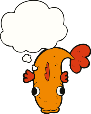 Bir insan tarafından çizilmiş düşünce baloncuklu çizgi film balığı.