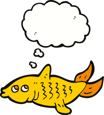 Bir insan tarafından çizilmiş düşünce baloncuklu çizgi film balığı.