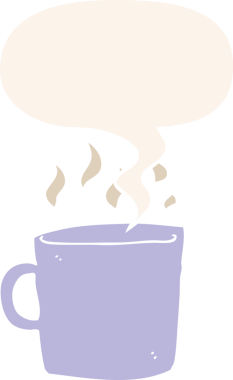 Bir insan tarafından çizilmiş eski moda konuşma baloncuklu sıcak kahve.