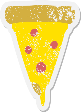 Eriyen pizza grunge etiketi bir insan tarafından çizilmiş.