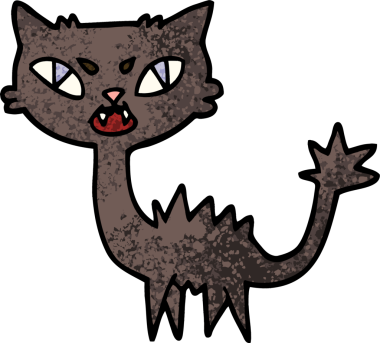 Grunge desenli karikatür cadılar bayramı kara kedisi bir insan tarafından çizilmiş.