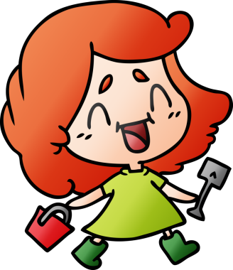 Bir insan tarafından çizilmiş kova ve kürekle çizilmiş tatlı kawaii kız çizimi.