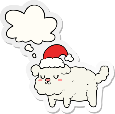 Düşünce baloncuğu insan tarafından çizilmiş bir çıkartma olan şirin bir Noel köpeği.