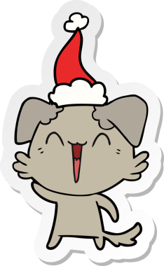 Bir insan tarafından çizilmiş Noel Baba şapkası giymiş küçük bir köpek elini sallıyor.