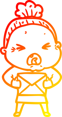 Bir insan tarafından çizilmiş kızgın yaşlı bir kadının sıcak çizgi çizimi.