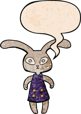 Konuşma baloncuğu olan sevimli çizgi film tavşanı insan tarafından çizilmiş.