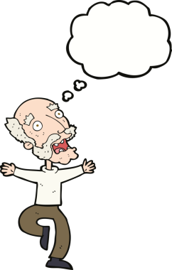 Karikatür ihtiyarı, bir insan tarafından çizilen düşünce baloncuğundan korkar.