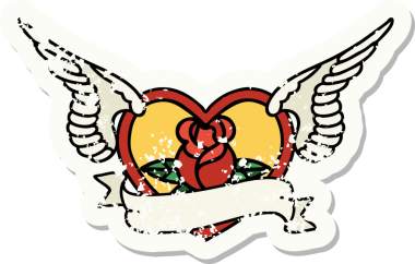 Geleneksel bir stil olan, çiçek ve pankart çizilmiş uçan kalp dövmesi.