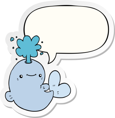 Bir insan tarafından çizilmiş konuşma balonu çıkartmasıyla su püskürten çizgi film balinası.