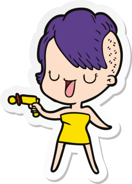 Hipster saç kesimi bir insan tarafından çizilmiş şirin bir çizgi film kızına ait etiket.