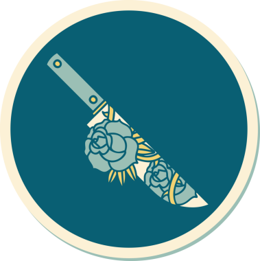 Geleneksel bir hançer stili dövme çıkartması ve bir insan tarafından çizilmiş çiçekler.